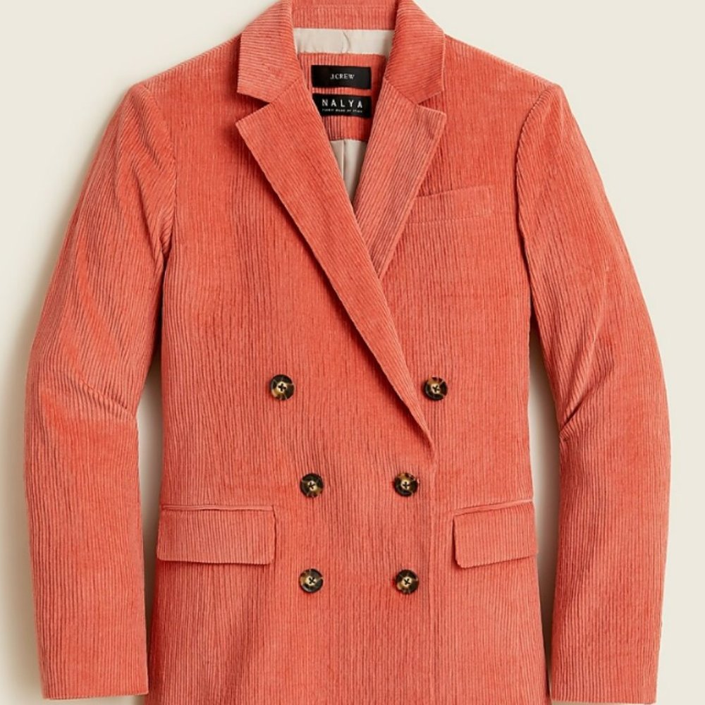 NWT Double-breasted blazer in Italian corduroy, Burnish Barn (Coral), Size 2